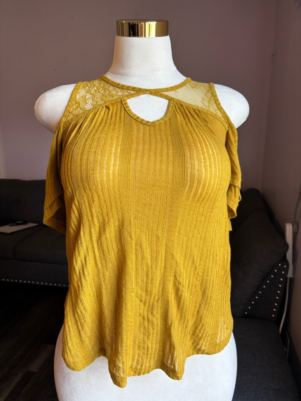 Xhilaration Mustard Lace Yoke Cold-Shoulder Tank Top